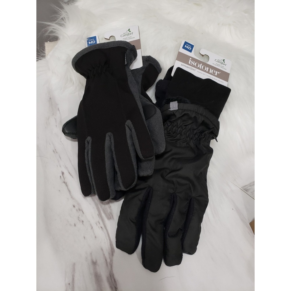 NWT 2 PAIR LOT MEDIUM TOUCH SCREEN Men's Black Gray Glove Isotoner Sleekheat
